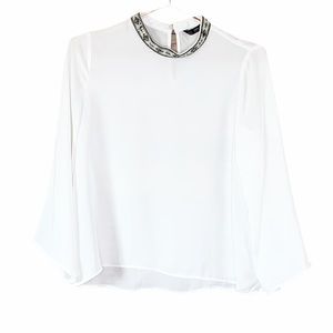Zara Beaded Collar Long Sleeve White Blouse Workwear Career
